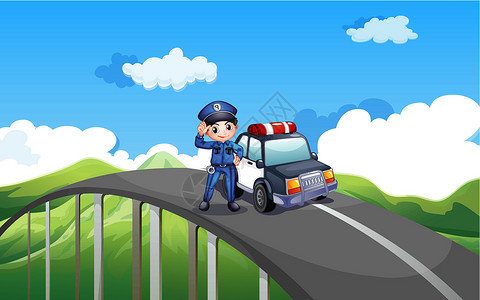 长江上的桥路中间的警察及其巡逻车一名警察和他的巡逻车邮政男人首席路线天空曲线男性缠绕服务小路插画