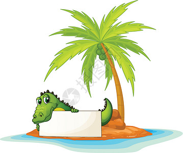鳄鱼岛一只鳄鱼在一个小岛上拿着空的招牌四边形木板植物边缘海报树干双方证券水果土壤设计图片