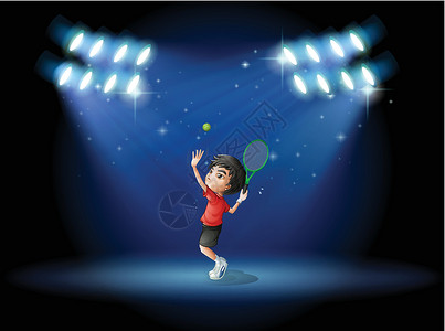 网球中心一个在舞台上打网球的男孩子插画