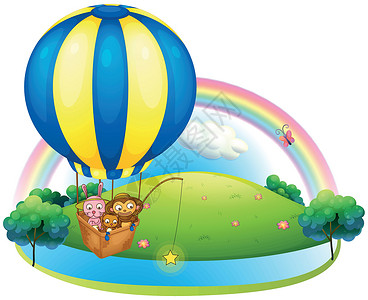 猴研岛热空气气球 配有三只动物插画