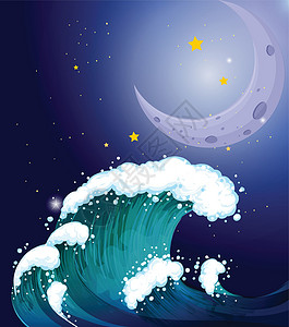 潮汐海灵月亮下一股强烈的波浪插画