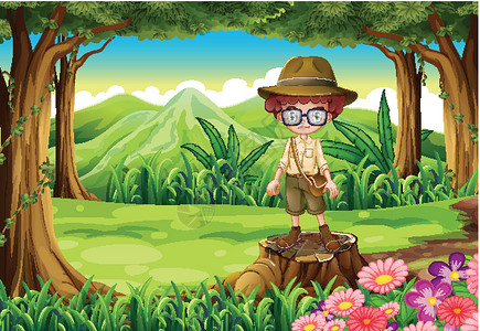 站在碗里男孩一个男孩站在树桩上方的森林里树木阴影绅士花朵丛林地面丘陵木头男生地貌设计图片