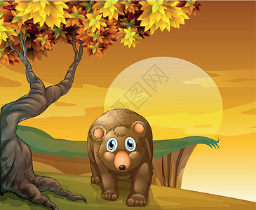 大树边的熊悬崖边一棵大树旁的棕熊插画