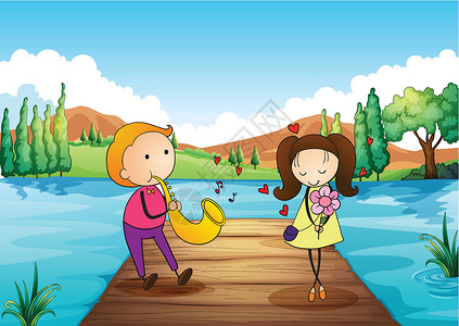 喇叭河一个年轻男人在河岸上 和她女朋友约会插画