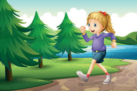 河边奔跑一个女孩在河岸松树附近慢跑插画