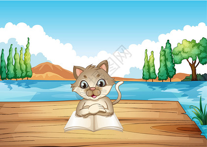 码头和猫一只在港口看书的猫插画
