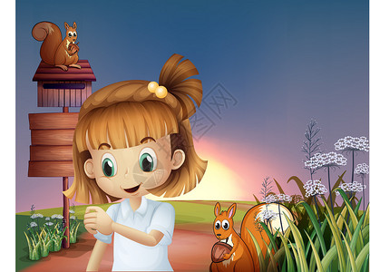 花生松鼠一个可爱的小女孩 在山顶上 带着松鼠和空标牌设计图片