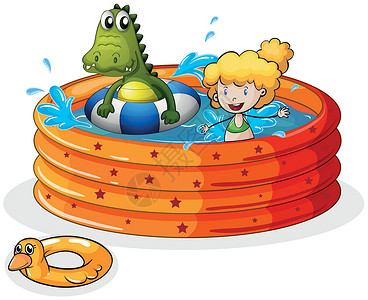 水池玩具一个女孩和一个鳄鱼 在充气泳池里游泳设计图片