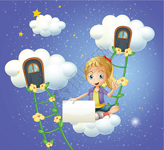 坐在花上的女孩一个女孩坐在云朵上 拿着空标牌设计图片