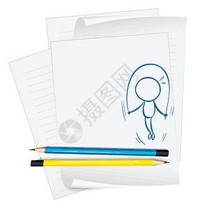 素描铅笔 纸一张有儿童玩跳绳的素描的纸设计图片