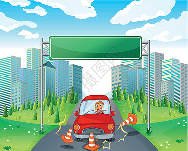 汽车交通指示牌一个男孩骑着一辆红色车经过空标牌的红色汽车插画