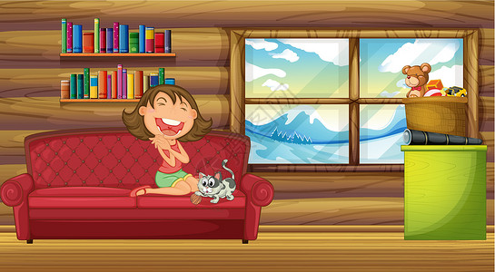 沙溪里一个女孩和她的宠物坐在房子里的沙发上插画