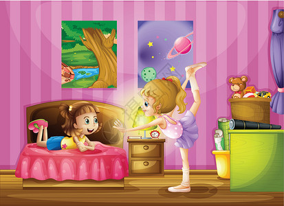 一家四口床上玩耍卧室里两个年轻女孩设计图片