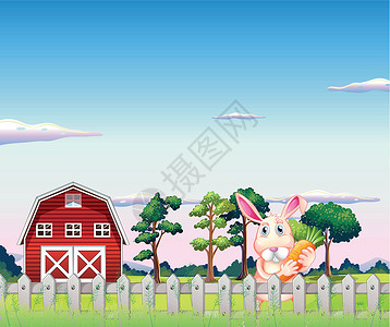 胡萝卜小屋一只兔子拿着胡萝卜 在农场的栅栏里插画