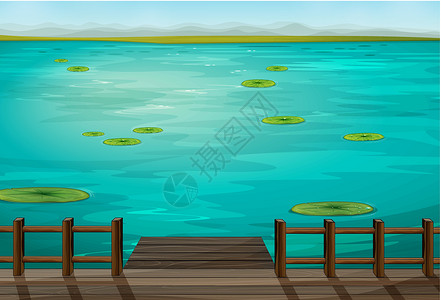 水木制的海洋木头圆形池塘圆圈溪流绿色栅栏软垫百合蓝色插画