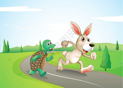 跑车道兔子和乌龟在路上奔跑设计图片