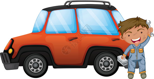 橙色吉普车汽车一个修橙色车的男人插画