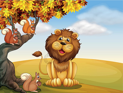 一只狮子和三只松鼠在山顶上插画
