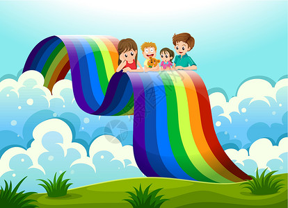 家庭地面在彩虹之上的一家人插画