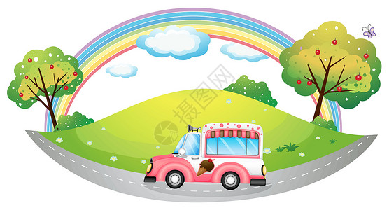彩虹与路素材冰淇淋卡车剪裁彩虹卡车公共汽车水果小路杂草蝴蝶车辆途径插画