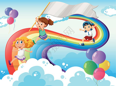 彩虹女孩孩子们在彩虹上玩耍 空横幅设计图片