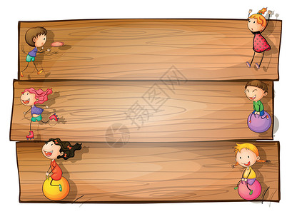 木板牌子一个有小孩玩耍的木头牌子插画