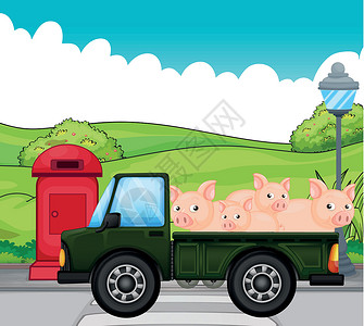 绿色信箱后面有猪的绿色汽车插画