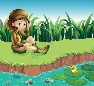河长制素材一个戴着帽子坐在河岸边的姑娘插画