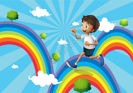 男孩在奔跑一个男孩在彩虹上奔跑设计图片