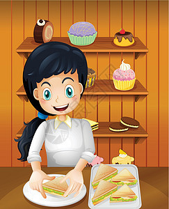 一个快乐的母亲 准备三明治食物零食厨房木头面包微笑女性货架成人浇头背景图片