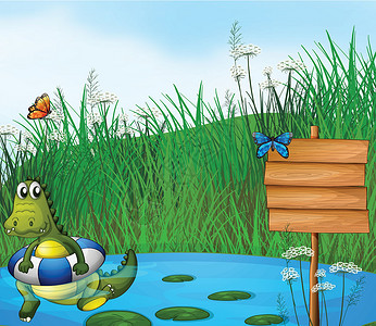 荷花里花仙子在池塘里游泳的鳄鱼设计图片