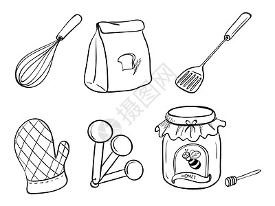 餐具线条画一大堆厨房用具 烘烤粉和蜂蜜果酱插画