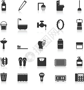 集电极带有白色背景反射的浴室图标工具热水器插图房间盆地马桶毛巾牙膏窗帘人字插画