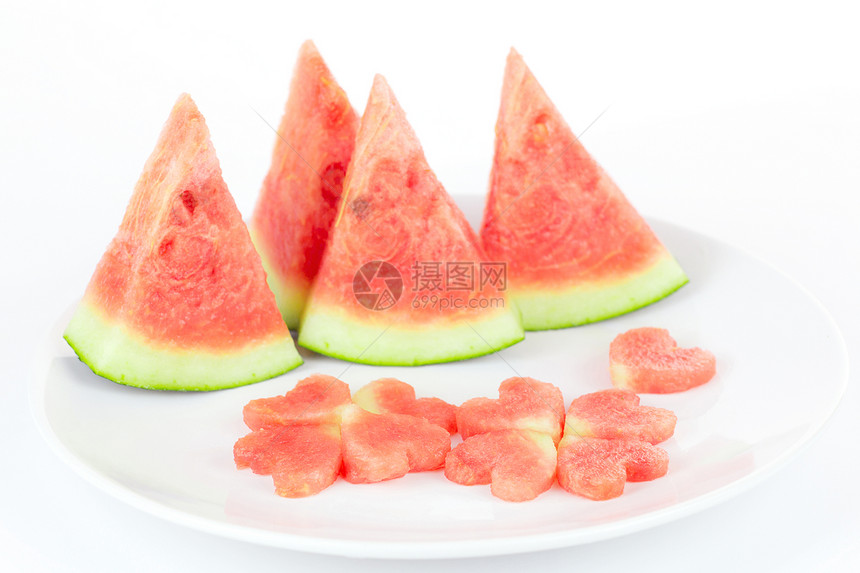 孤立的西瓜切片红色食物绿色营养条纹种子白色饮食农业甜点图片