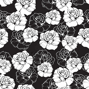 无缝矢量 黑色背景带白色反向玫瑰的深花纹背景图片