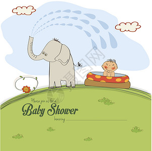 水彩婴儿洗澡卡婴儿淋浴卡 一个小男孩用大象喷洒的设计图片