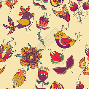 鸟类的无缝花卉形态手绘漩涡纺织品叶子植物动物花瓣织物墙纸花园背景图片