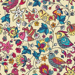 鸟类的无缝花卉形态手绘叶子织物正方形植物动物包装墙纸纺织品涂鸦背景图片