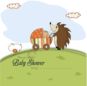 婴儿淋浴卡和刺绣猪 用烤肉推婴儿车背景图片
