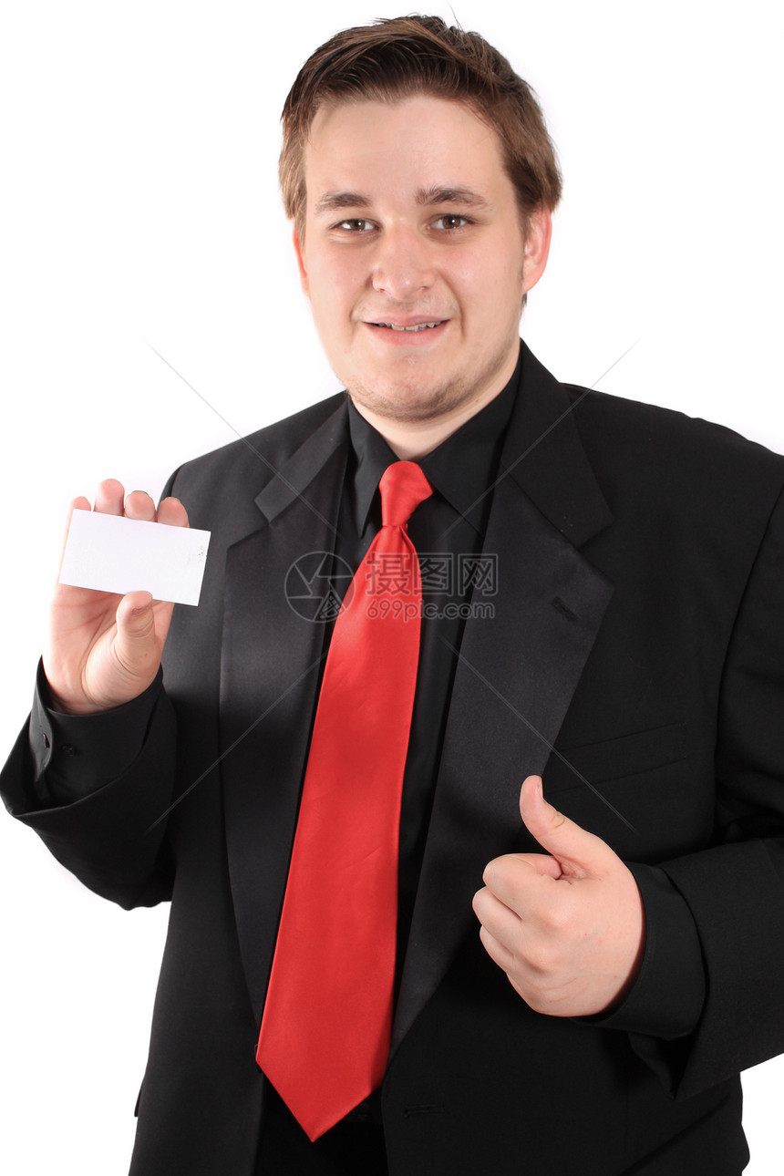 名片和大拇指身体黑色生意人男性白色红色广告成人空白人士图片