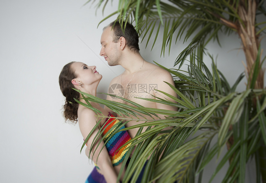 在椰枣下相爱的情侣男性叶子蜜月绿色女性男人夫妻友谊游客旅行图片