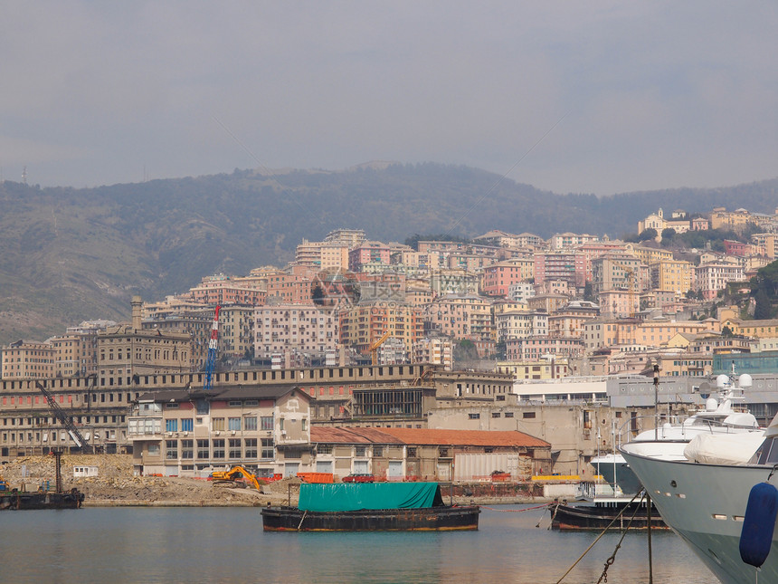 热那亚的意大利海景城市老港海洋母马天际场景古董港口图片