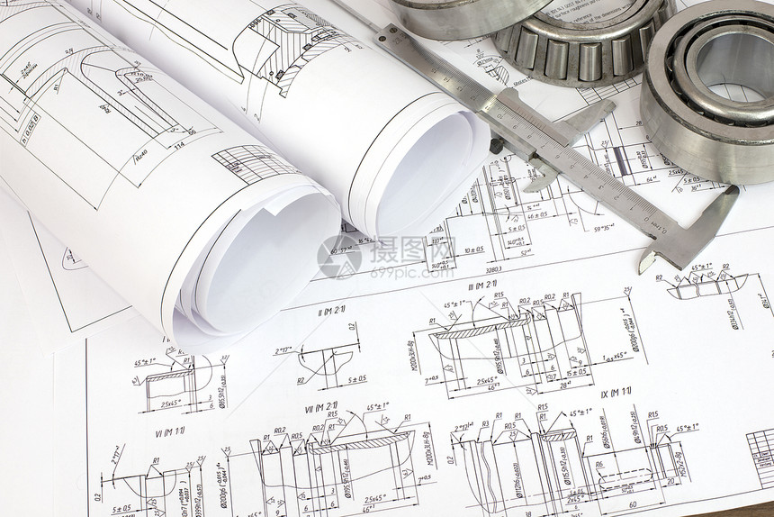 建筑图画 卡利伯尔和轴承工程师素描图表打印金属工具工程引擎桌子蓝图图片