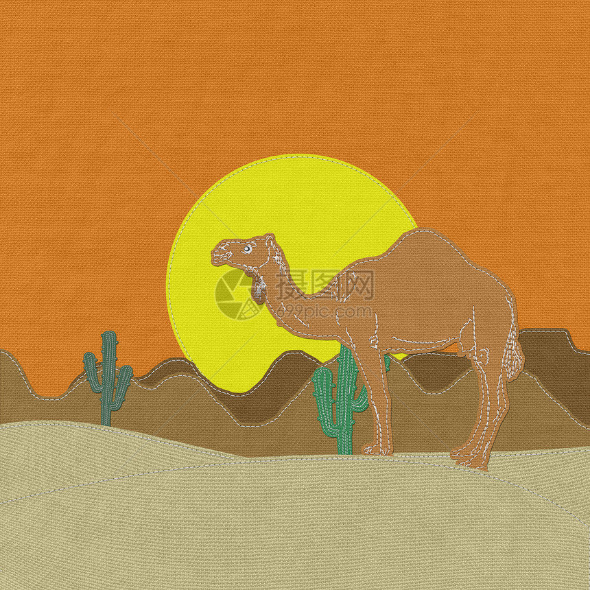孤独骆驼在沙漠沙滩上 织布的缝合风格织物哺乳动物手工运输荒野卡通片天空缝纫干旱单峰图片