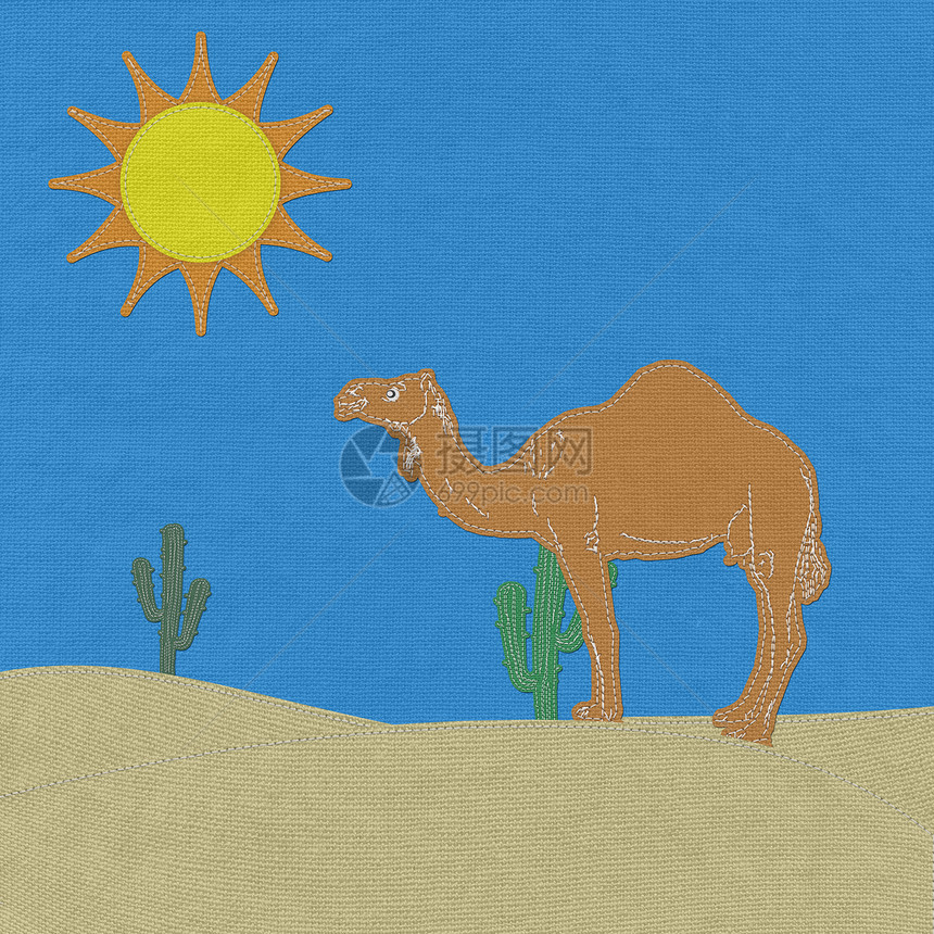 孤独骆驼在沙漠沙滩上 织布的缝合风格单峰织物面料天空手工缝纫哺乳动物野生动物沙丘接缝图片