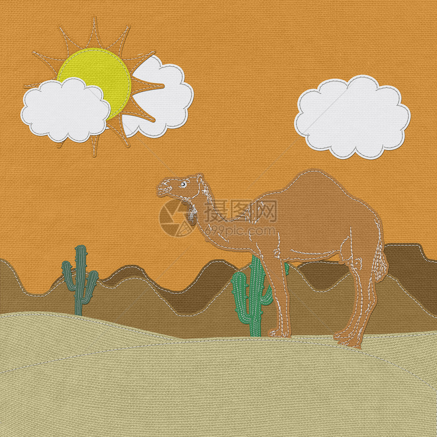 孤独骆驼在沙漠沙滩上 织布的缝合风格手工卡通片织物旅行运输干旱接缝缝纫面料荒野图片