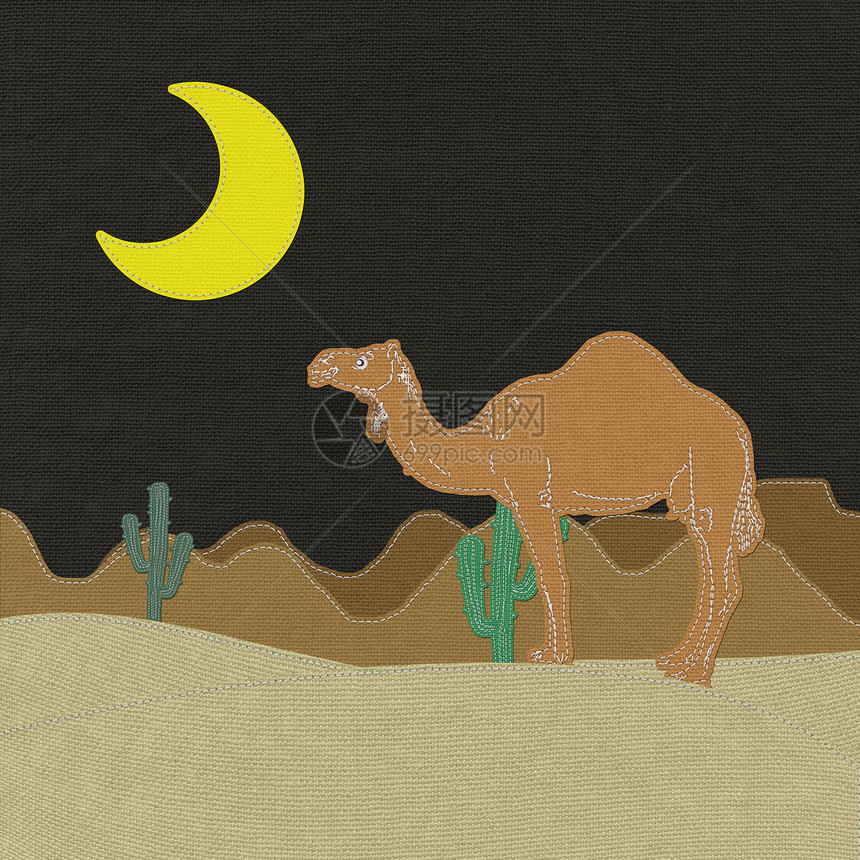 孤独骆驼在沙漠沙滩上 织布的缝合风格旅行天空卡通片缝纫运输哺乳动物面料野生动物荒野接缝图片