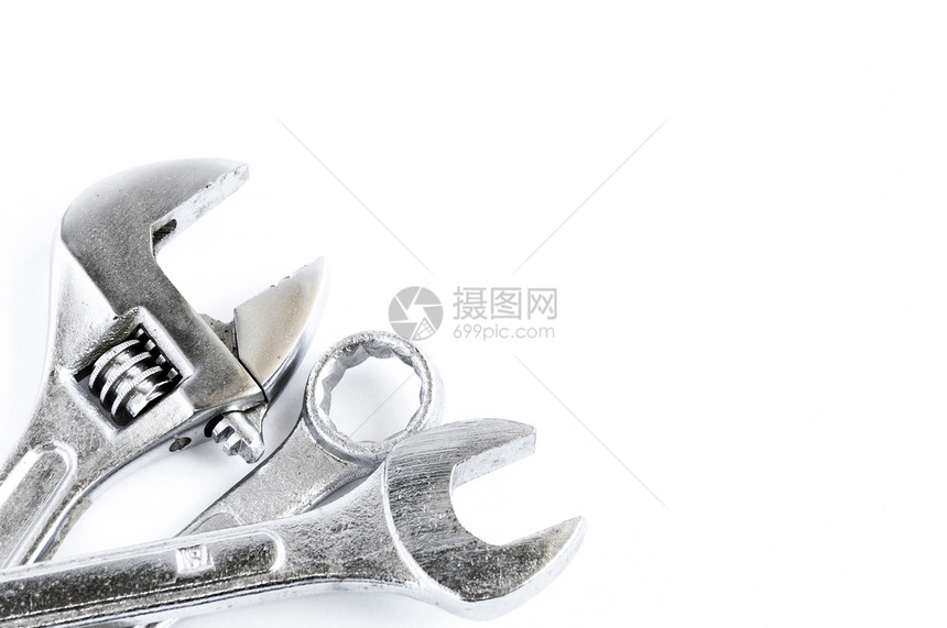 白色背景上的一套工具集工作服务扳手水平机械工人活动维修金属坚果图片