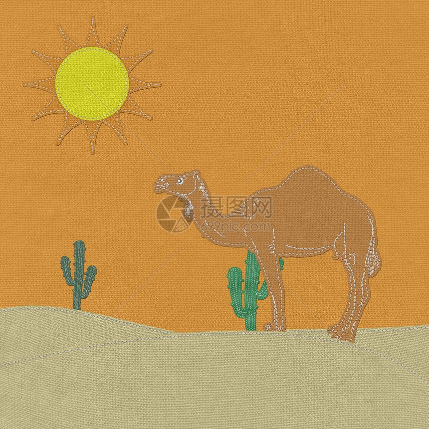 孤独骆驼在沙漠沙滩上 织布的缝合风格哺乳动物动物运输手工织物野生动物卡通片旅行天空干旱图片