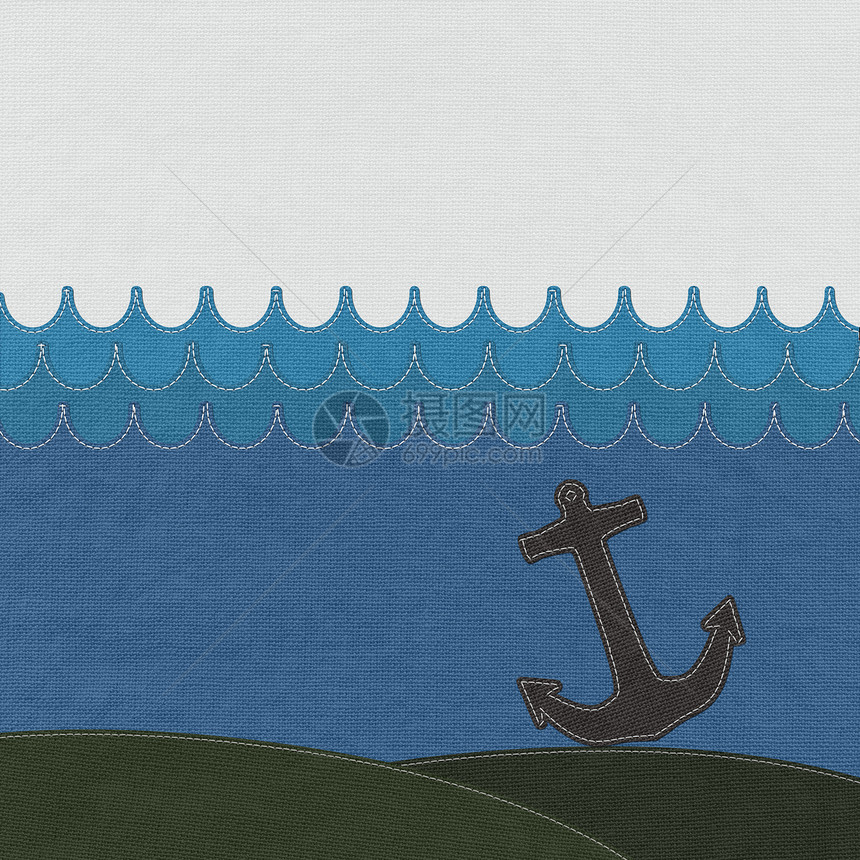 海底的锚 在织布背景上缝针风格天空蓝色缝纫接缝地面海藻织物重量航行手工图片